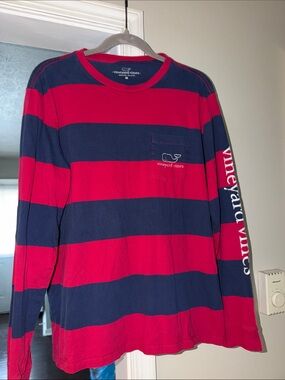 Vineyard Vines Red and Navy Wide-Stripe Long Sleeve Tee
